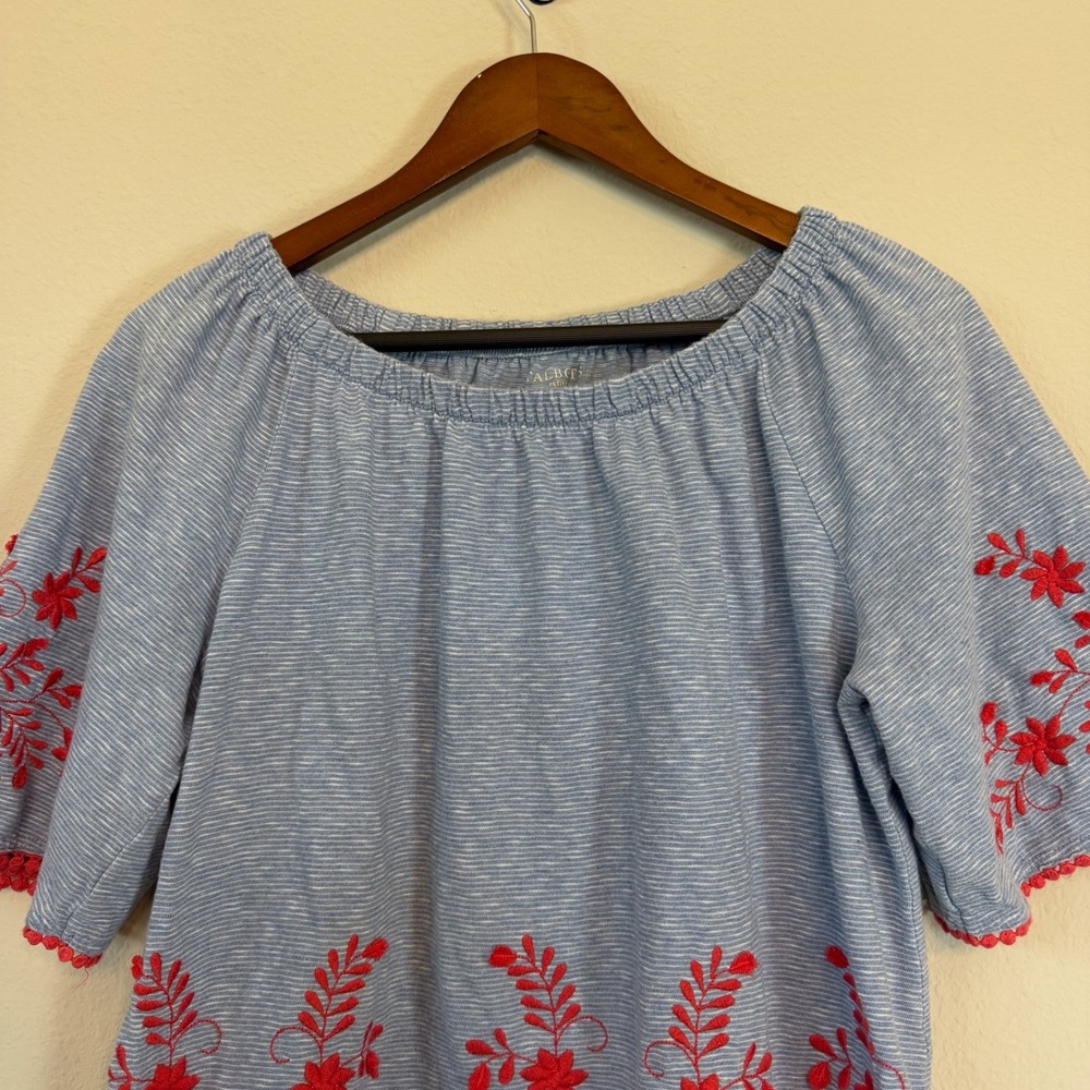 Talbots Embroidered Top Petite Large Blue Stripe Floral Pom Boho Americana - Picture 4 of 11